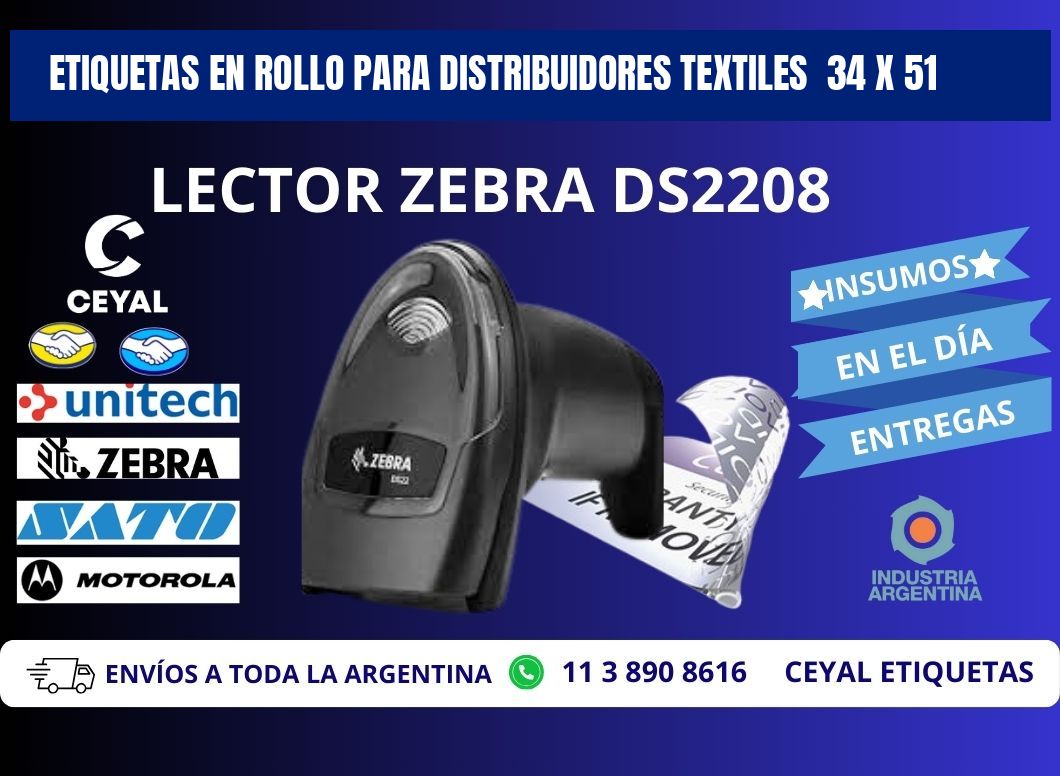 ETIQUETAS EN ROLLO PARA DISTRIBUIDORES TEXTILES  34 x 51