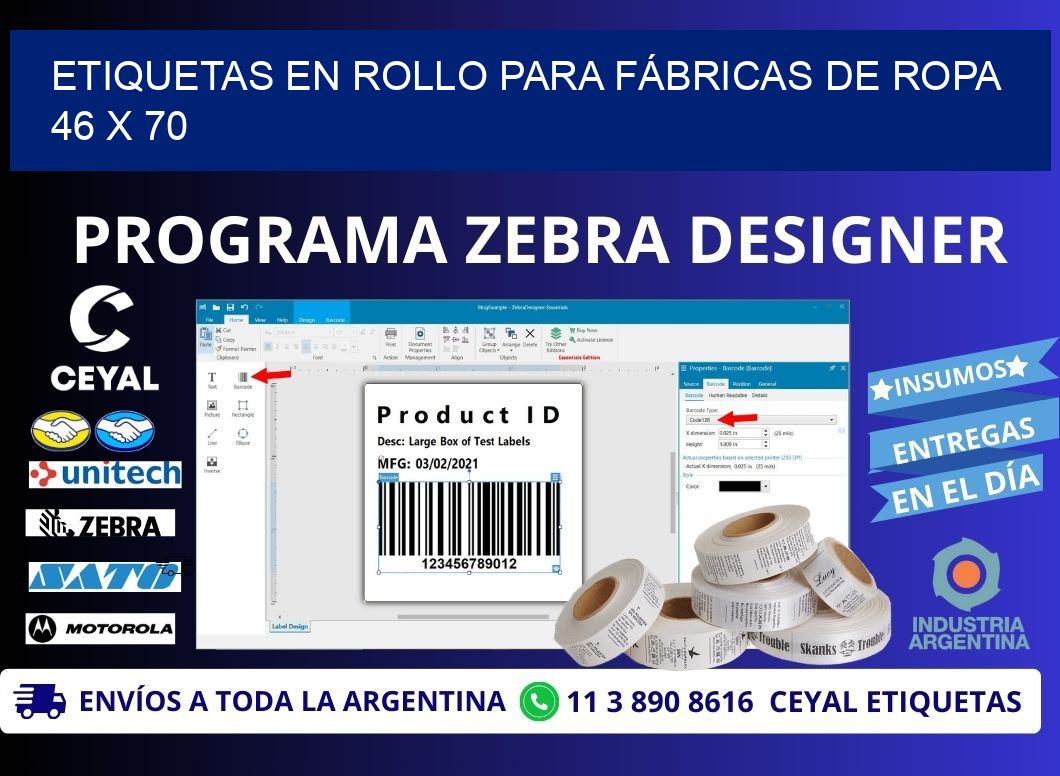ETIQUETAS EN ROLLO PARA FÁBRICAS DE ROPA  46 x 70
