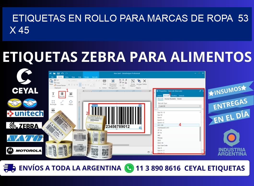ETIQUETAS EN ROLLO PARA MARCAS DE ROPA  53 x 45