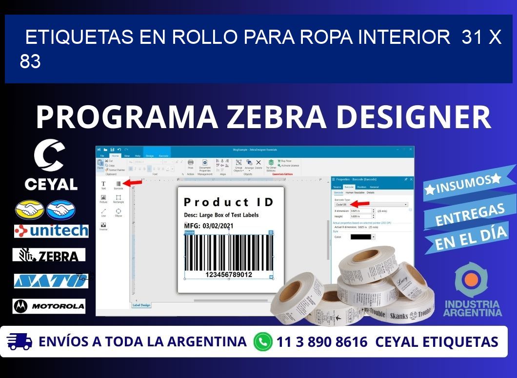 ETIQUETAS EN ROLLO PARA ROPA INTERIOR  31 x 83