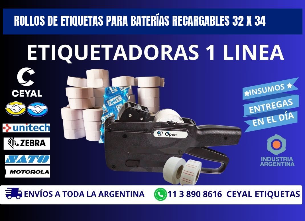 ROLLOS DE ETIQUETAS PARA BATERÍAS RECARGABLES 32 x 34