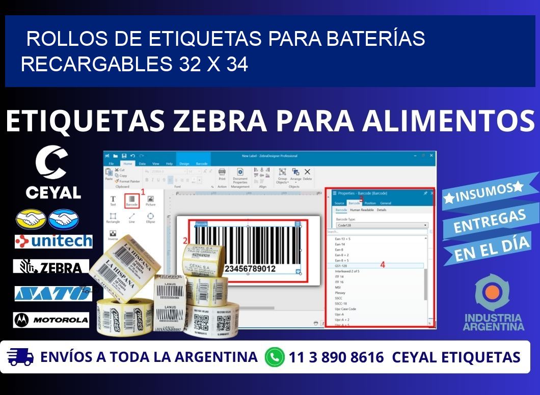 ROLLOS DE ETIQUETAS PARA BATERÍAS RECARGABLES 32 x 34
