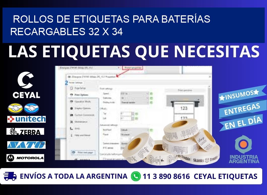 ROLLOS DE ETIQUETAS PARA BATERÍAS RECARGABLES 32 x 34