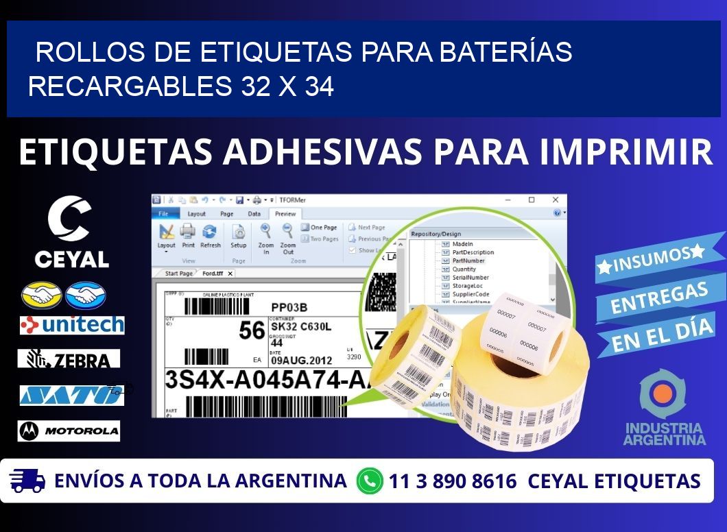 ROLLOS DE ETIQUETAS PARA BATERÍAS RECARGABLES 32 x 34
