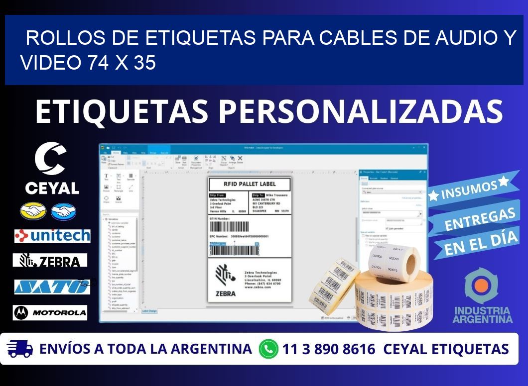 ROLLOS DE ETIQUETAS PARA CABLES DE AUDIO Y VIDEO 74 x 35