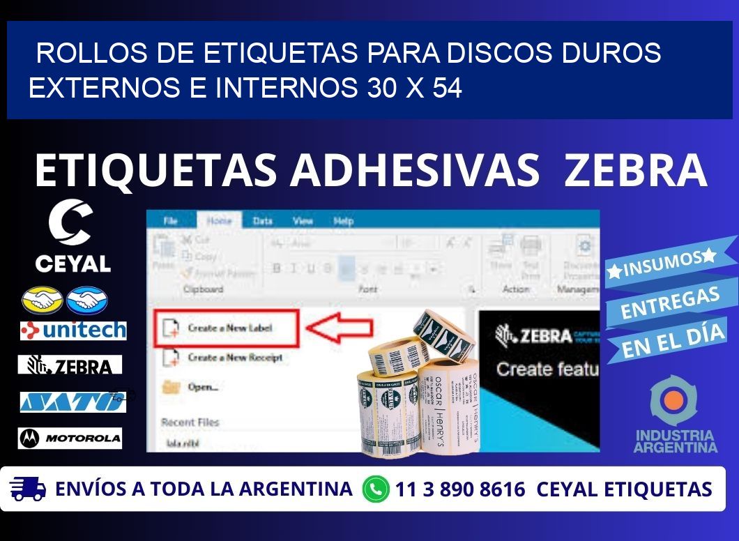 ROLLOS DE ETIQUETAS PARA DISCOS DUROS EXTERNOS E INTERNOS 30 x 54