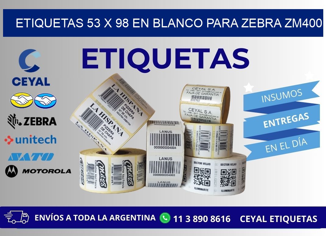 Etiquetas 53 x 98 en blanco para zebra zm400