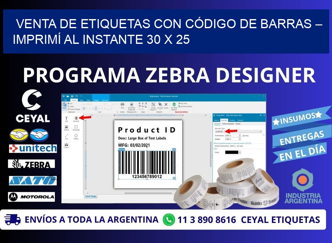 VENTA DE ETIQUETAS CON CÓDIGO DE BARRAS – IMPRIMÍ AL INSTANTE 30 x 25