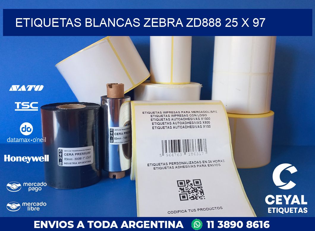 ETIQUETAS BLANCAS ZEBRA ZD888 25 x 97