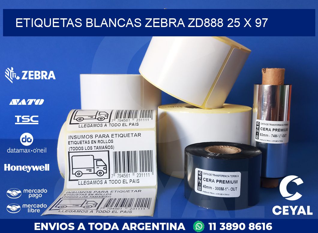 ETIQUETAS BLANCAS ZEBRA ZD888 25 x 97