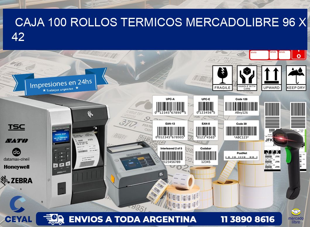 CAJA 100 ROLLOS TERMICOS MERCADOLIBRE 96 x 42