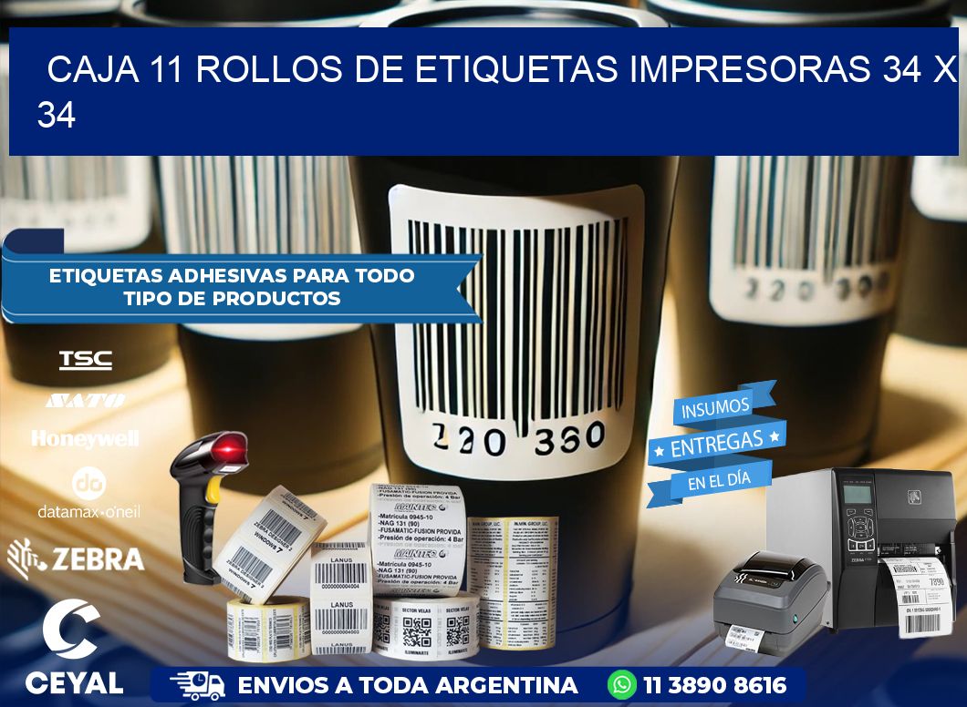 CAJA 11 ROLLOS DE ETIQUETAS IMPRESORAS 34 x 34