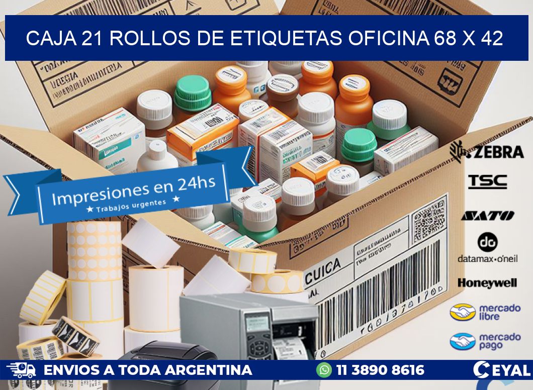 CAJA 21 ROLLOS DE ETIQUETAS OFICINA 68 x 42