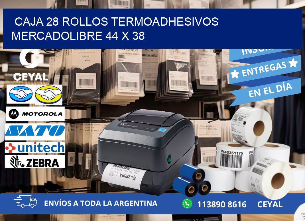 CAJA 28 ROLLOS TERMOADHESIVOS MERCADOLIBRE 44 x 38