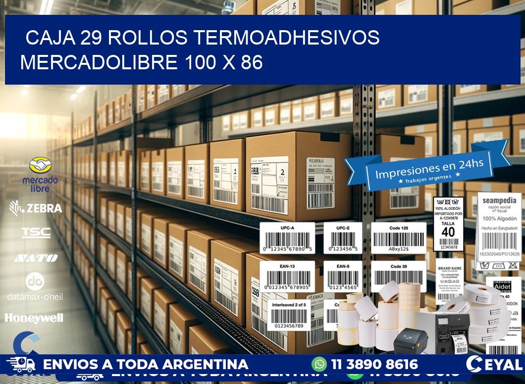 CAJA 29 ROLLOS TERMOADHESIVOS MERCADOLIBRE 100 x 86