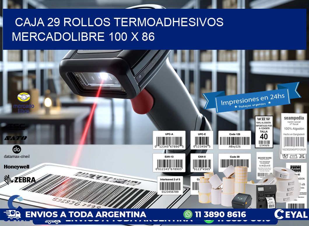 CAJA 29 ROLLOS TERMOADHESIVOS MERCADOLIBRE 100 x 86