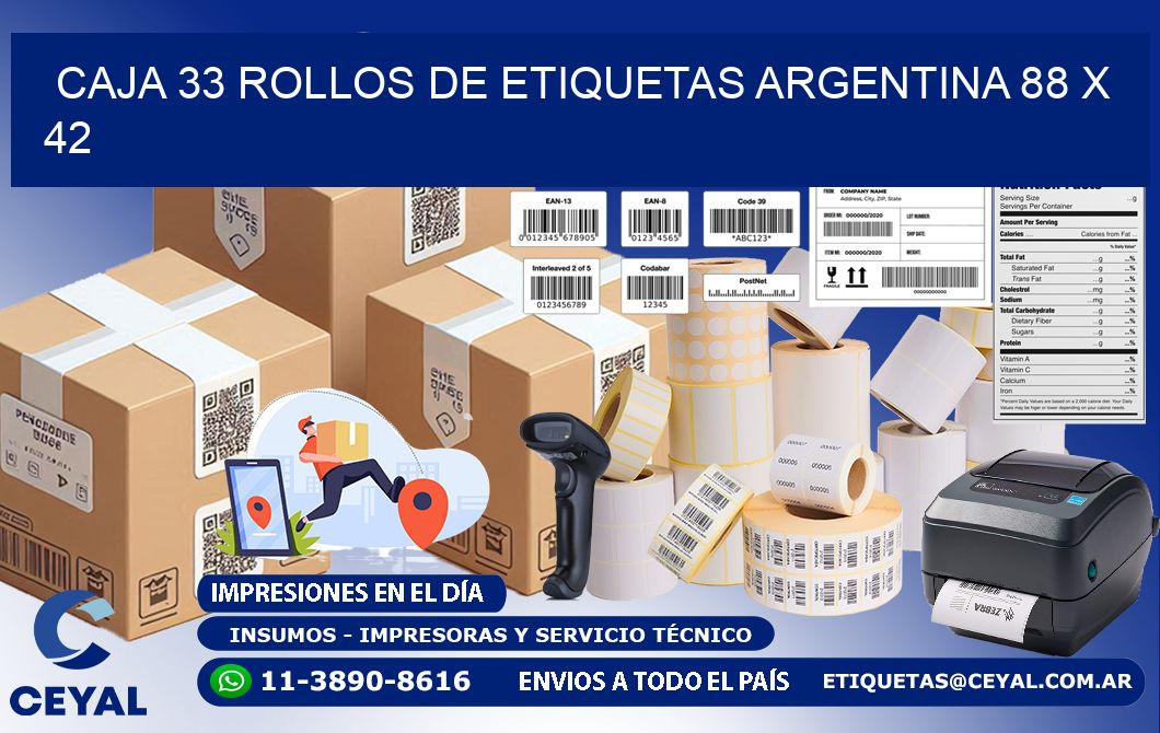 CAJA 33 ROLLOS DE ETIQUETAS ARGENTINA 88 x 42