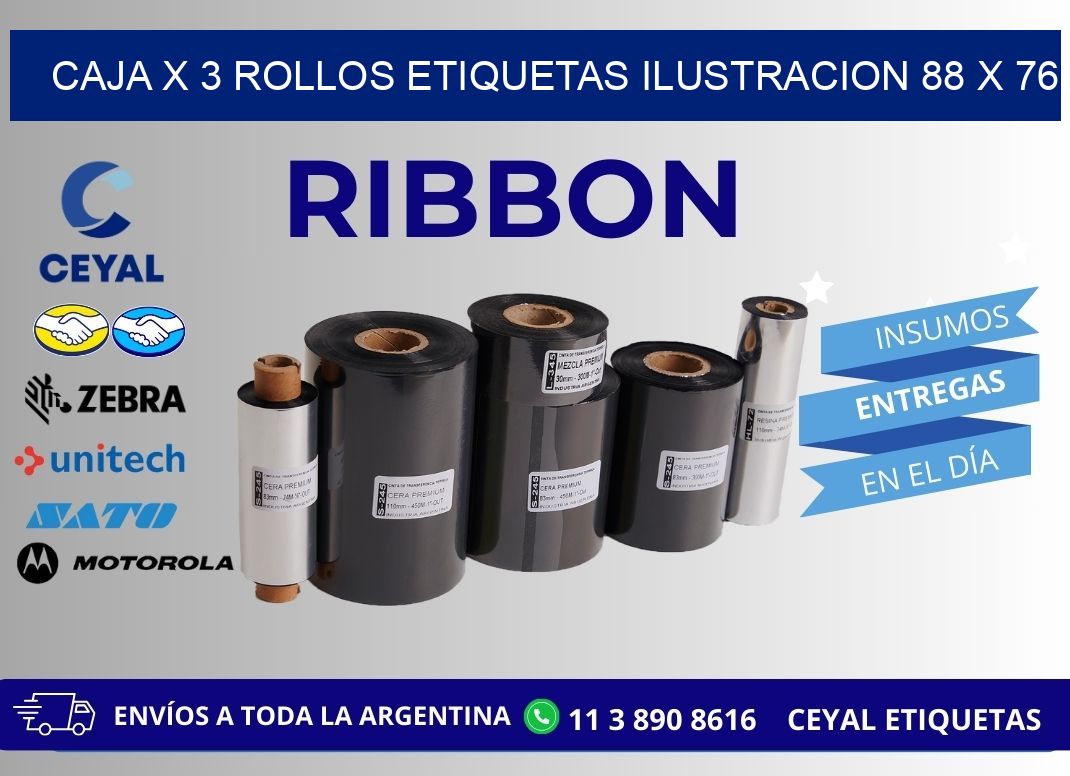 Caja X 3 Rollos Etiquetas Ilustracion 88 x 76