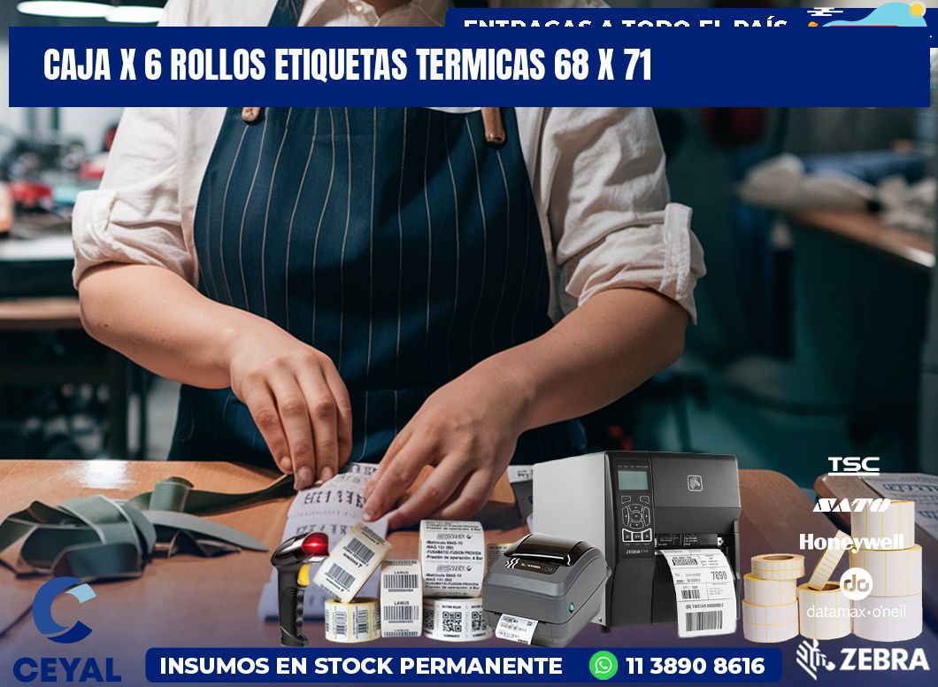 Caja X 6 Rollos Etiquetas termicas 68 x 71