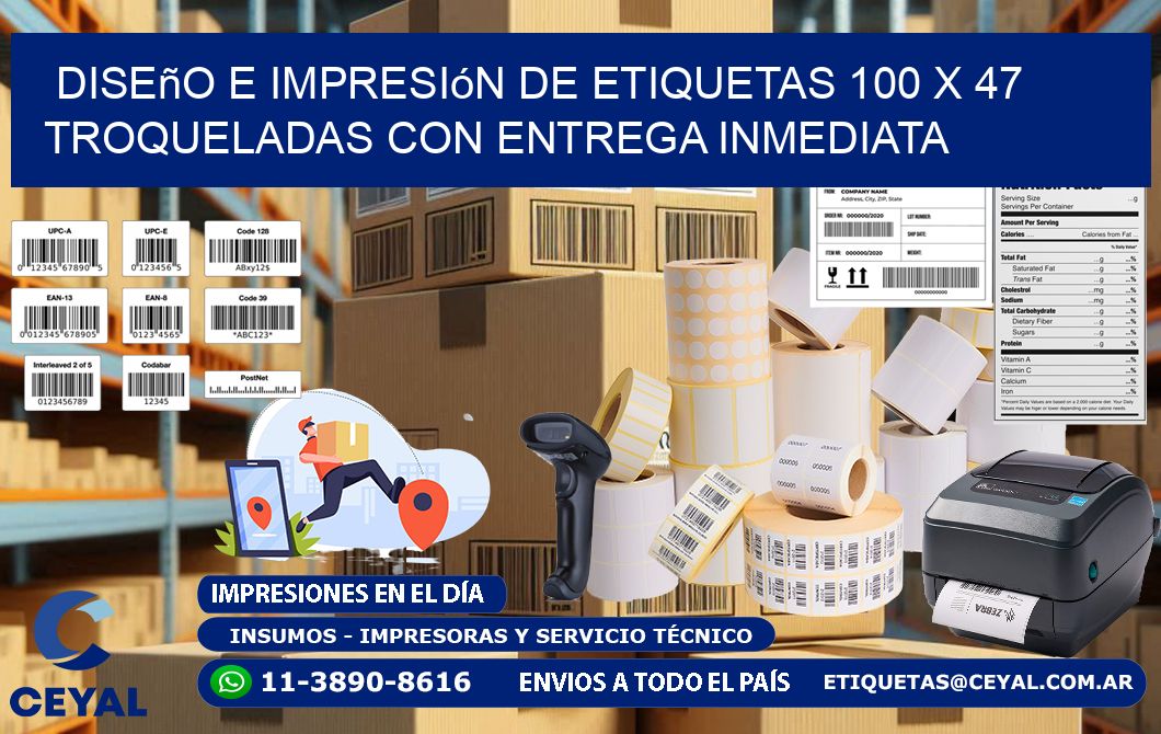 Diseño e impresión de etiquetas 100 x 47 troqueladas con entrega inmediata