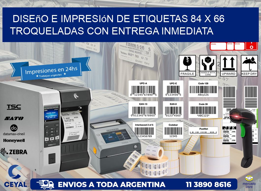 Diseño e impresión de etiquetas 84 x 66 troqueladas con entrega inmediata