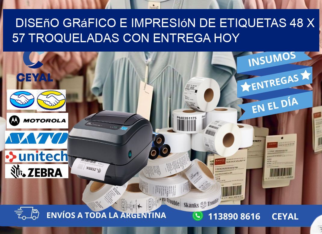 Diseño gráfico e impresión de etiquetas 48 x 57 troqueladas con entrega hoy