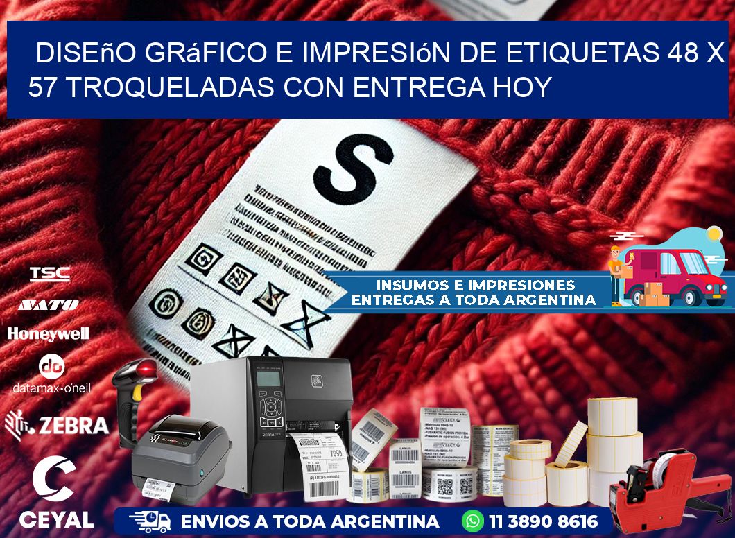 Diseño gráfico e impresión de etiquetas 48 x 57 troqueladas con entrega hoy