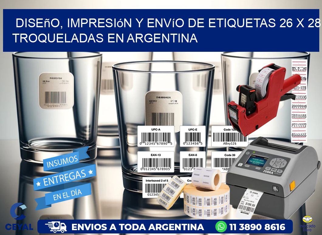 Diseño, impresión y envío de etiquetas 26 x 28 troqueladas en Argentina