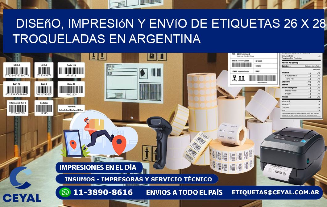 Diseño, impresión y envío de etiquetas 26 x 28 troqueladas en Argentina