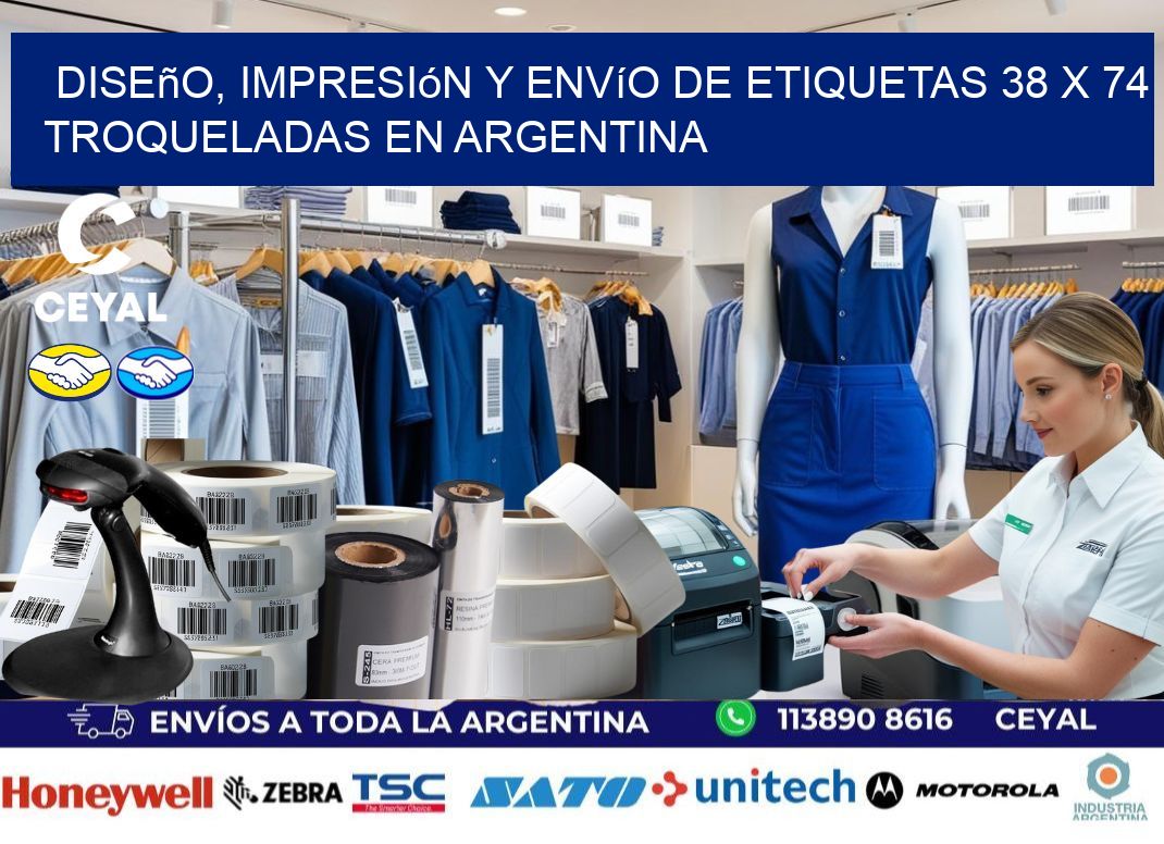 Diseño, impresión y envío de etiquetas 38 x 74 troqueladas en Argentina