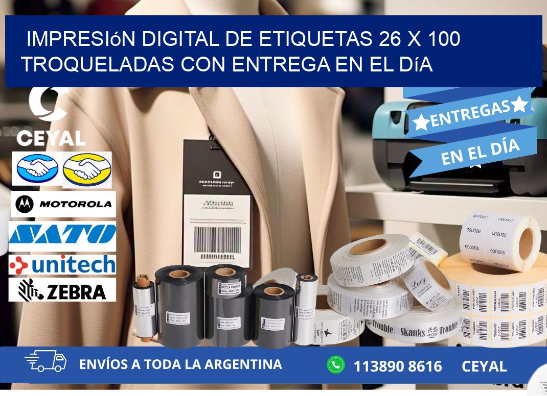 Impresión digital de etiquetas 26 x 100 troqueladas con entrega en el día