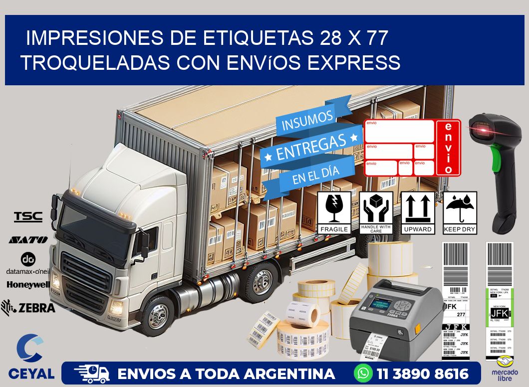 Impresiones de etiquetas 28 x 77 troqueladas con envíos express