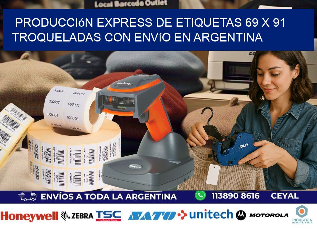 Producción express de etiquetas 69 x 91 troqueladas con envío en Argentina
