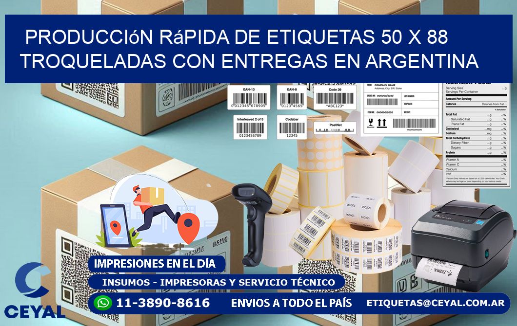 Producción rápida de etiquetas 50 x 88 troqueladas con entregas en Argentina