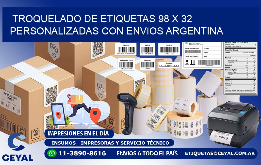 Troquelado de etiquetas 98 x 32 personalizadas con envíos Argentina