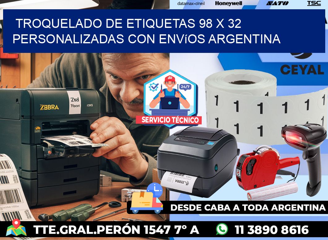 Troquelado de etiquetas 98 x 32 personalizadas con envíos Argentina