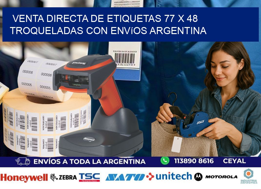 Venta directa de etiquetas 77 x 48 troqueladas con envíos Argentina