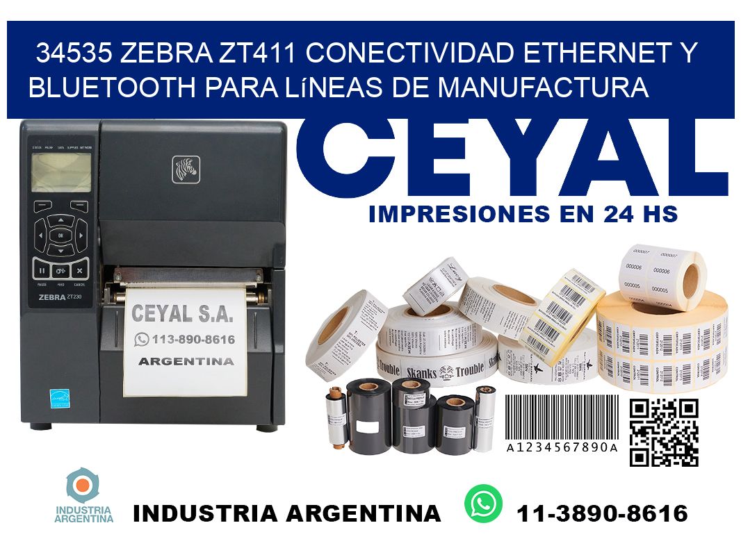 34535 Zebra ZT411 conectividad ethernet y Bluetooth para líneas de manufactura