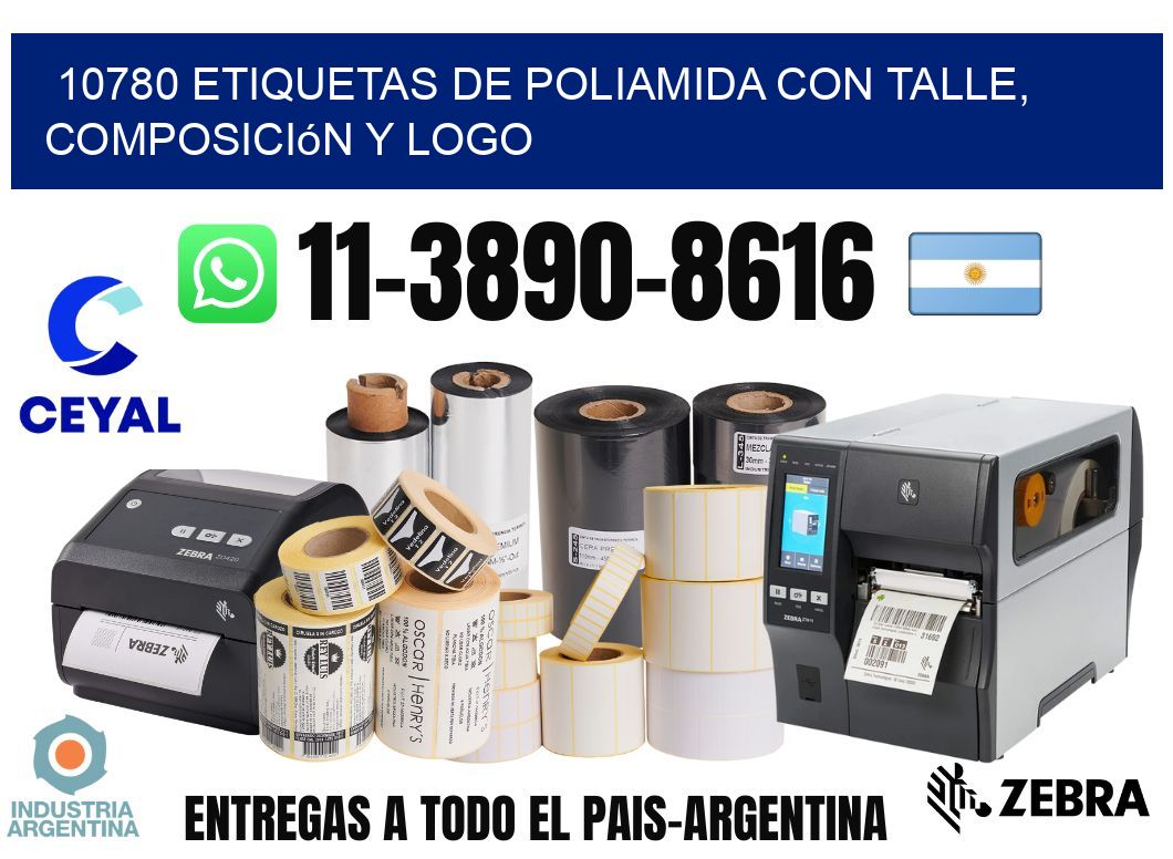 10780 Etiquetas de poliamida con talle, composición y logo