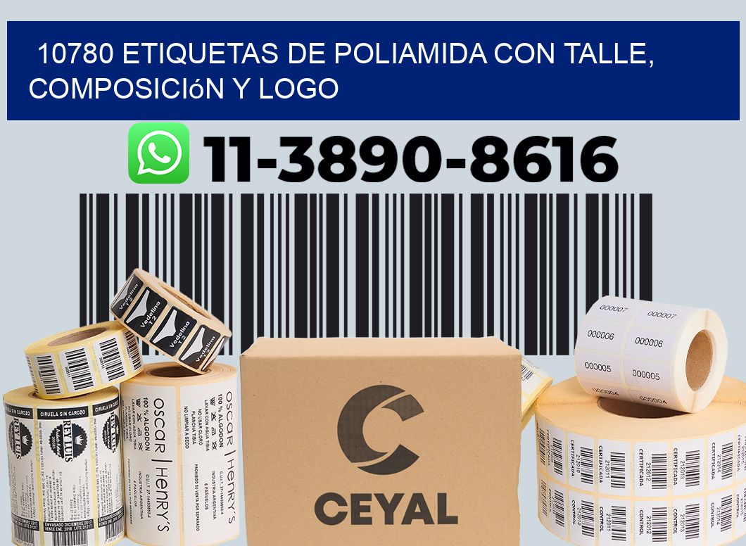 10780 Etiquetas de poliamida con talle, composición y logo