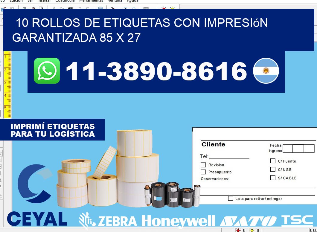 10 rollos de etiquetas con impresión garantizada 85 x 27