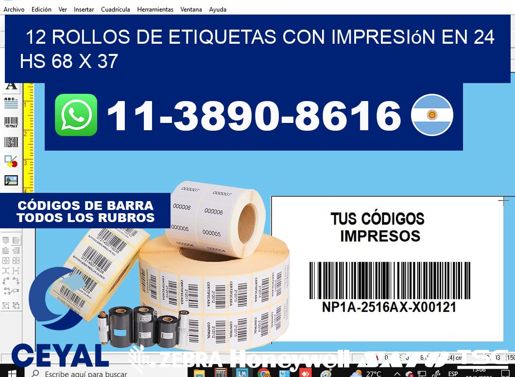 12 rollos de etiquetas con impresión en 24 hs 68 x 37