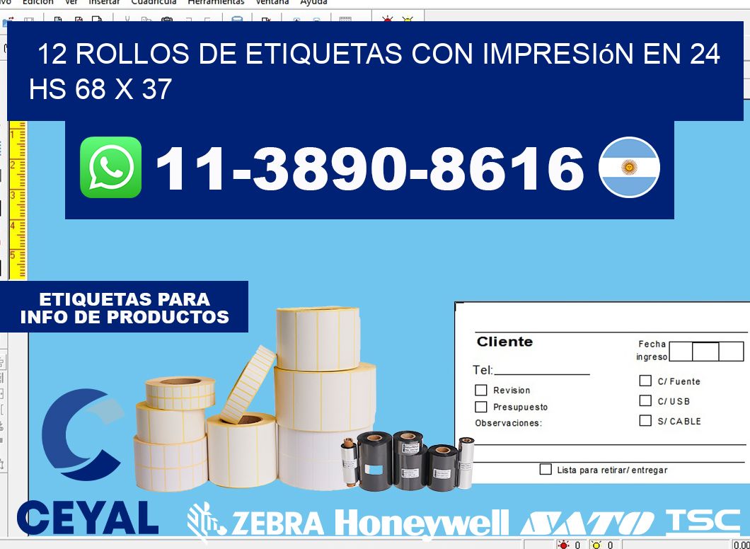 12 rollos de etiquetas con impresión en 24 hs 68 x 37