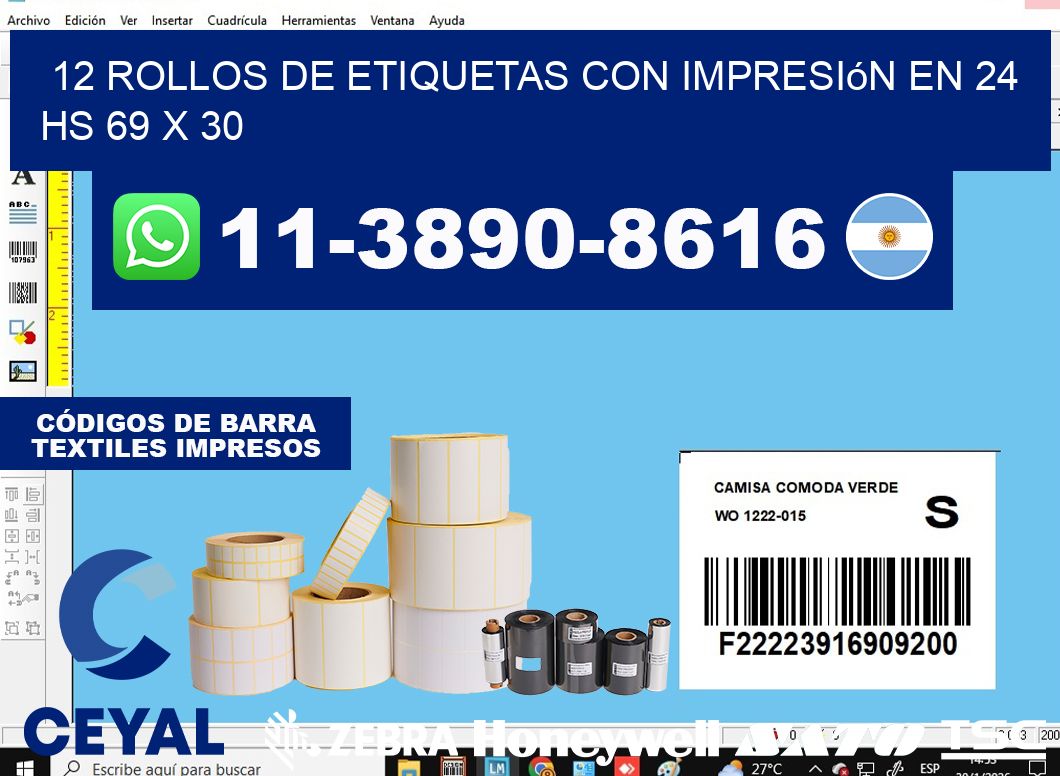 12 rollos de etiquetas con impresión en 24 hs 69 x 30