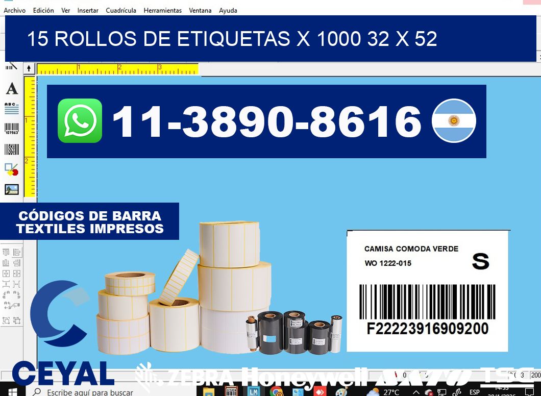 15 rollos de etiquetas x 1000 32 x 52