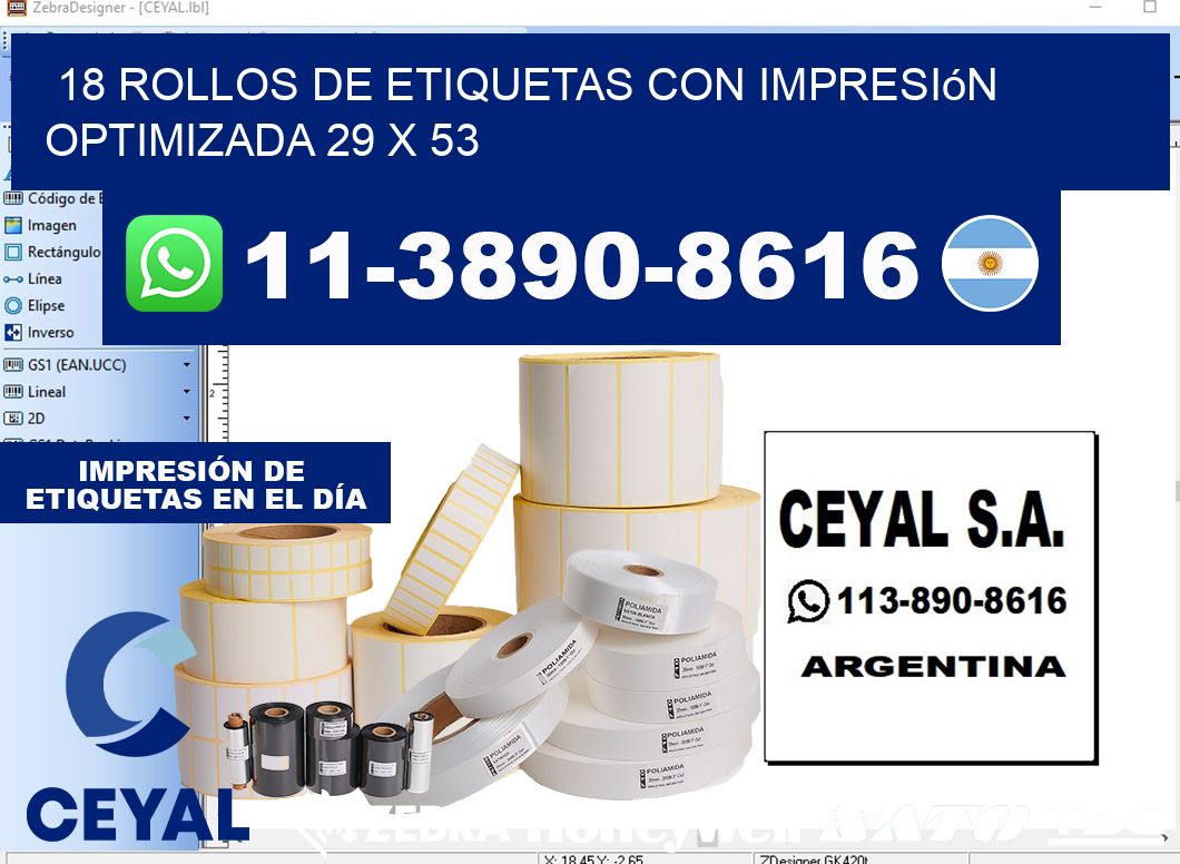 18 rollos de etiquetas con impresión optimizada 29 x 53