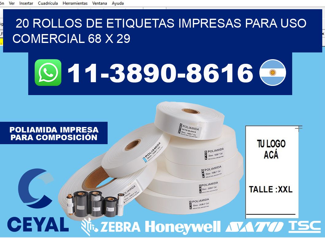 20 rollos de etiquetas impresas para uso comercial 68 x 29