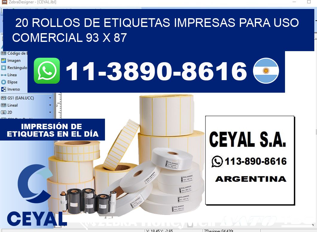 20 rollos de etiquetas impresas para uso comercial 93 x 87