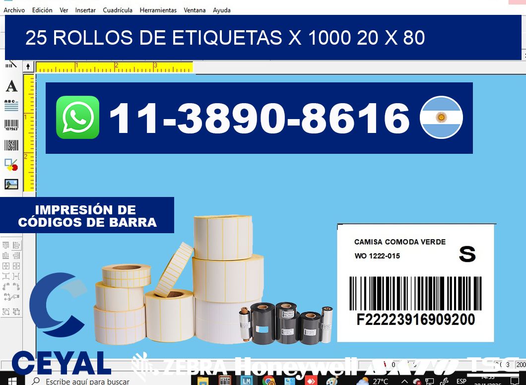 25 rollos de etiquetas x 1000 20 x 80