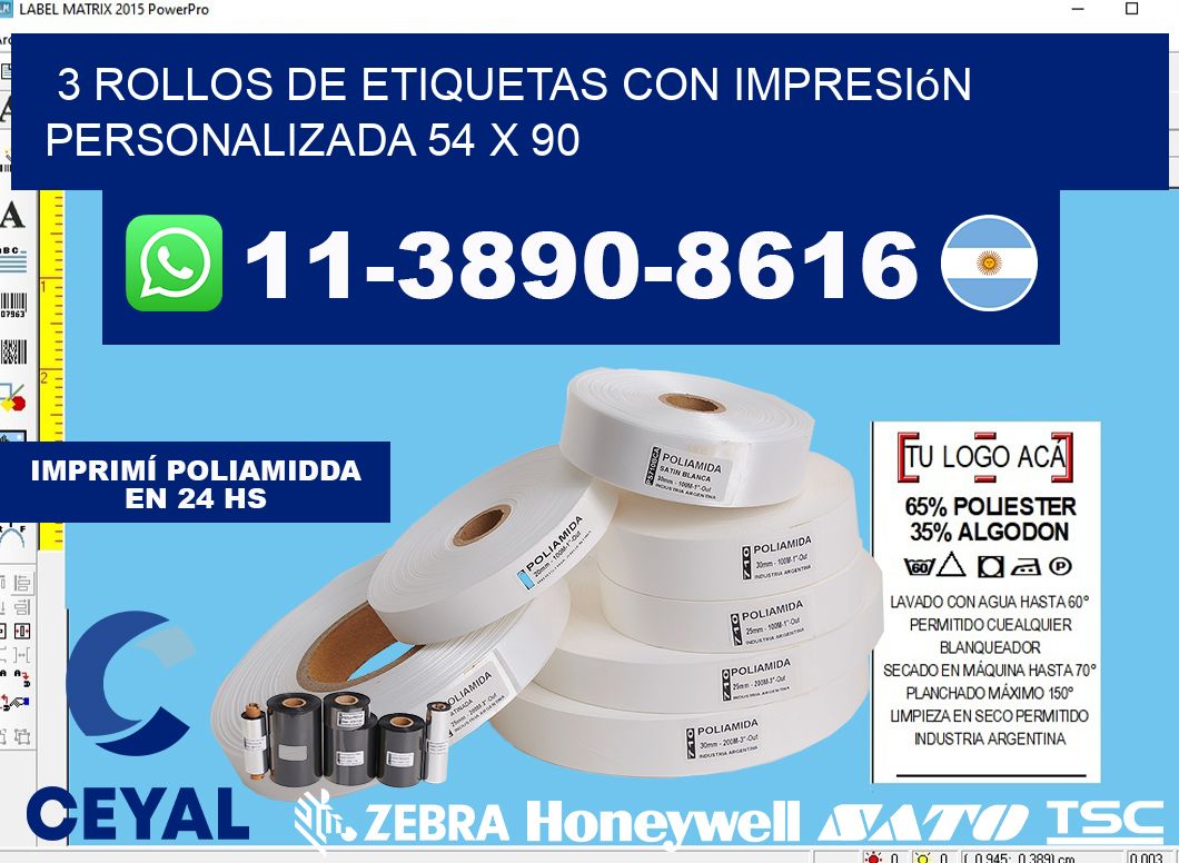 3 rollos de etiquetas con impresión personalizada 54 x 90
